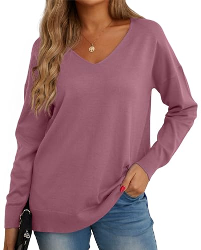 Image of GRECERELLE Women's Casual Jumpers Sweatshirt Ladies Classic Plain Pullover Knit V Neck Long Sleeve Jumper Tops Blouse T-Shirt for Winter Fall Spring (14 Red Grey, XL)