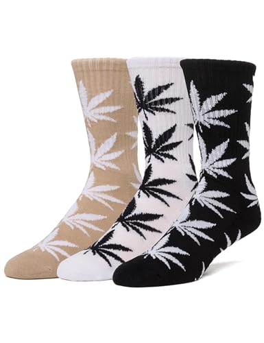 HUF Set 3 Pack Plantlife Marijuana Leaf Sock, Black/White/Oatmeal, O/S