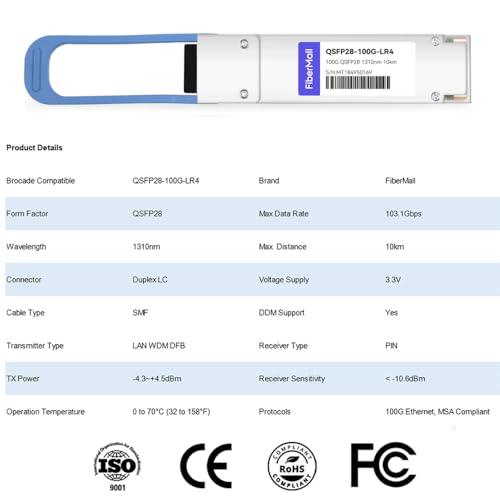 Image of 100G QSFP28 LR4 Optical Transceiver Module Compatible with Brocade QSFP-100G-LR4,100GBASE-LR4 QSFP28 1310nm 10km LC SMF DOM