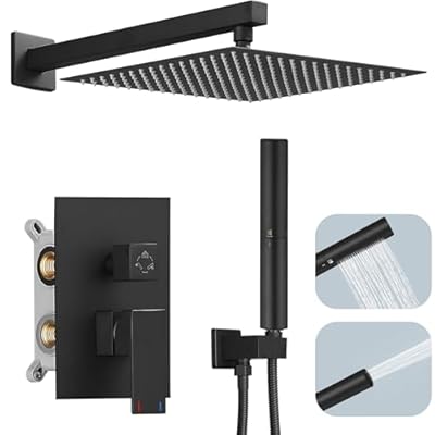 Hoimpro Shower System set with 12 Inch Bathroom Rain Mixer Shower Head and Handheld Wall Mounted, Rainfall Shower Faucet Fixture Combo with High Pressure 2 in 1 Handheld Showerhead, Matte Black