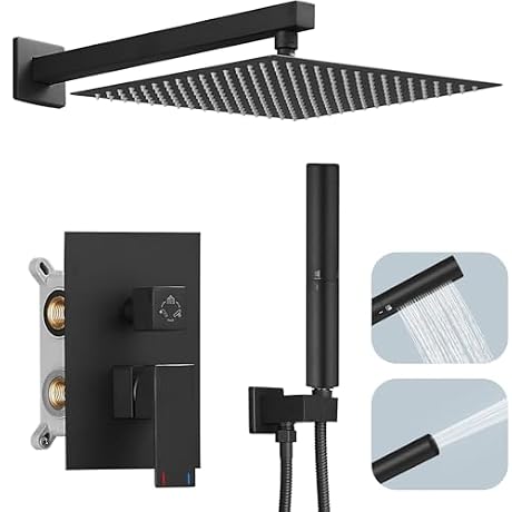Hoimpro 12 Inch Shower Head System Set Bathroom Rain Mixer Shower Head 2 In 1 Handheld Sprayer Wall Mounted, Square Rainfall Shower Faucet Fixture Combo Valve Kits Brass Showerhead, Matte Black