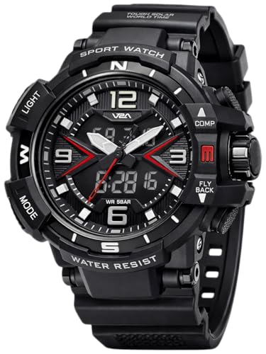Image of V2A Stryke 50mm Analog Digital Watch for Men | Red X Tactical Dial Design | Alarm Stopwatch Backlight Day Date | Rugged Sports Watch with TPU Strap | 50M Water Resistant | Gift for Mens