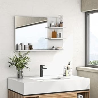 Foto di kleankin Specchio Bagno Moderno con 2 Ripiani Laterali e Ripiano Inferiore, Specchio da Parete in MDF e Vetro, 75x10x48 cm, Bianco