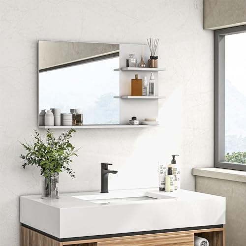 kleankin Specchio Bagno Moderno con 2 Ripiani Laterali e Ripiano Inferiore, Specchio da Parete in MDF e Vetro, 75x10x48 cm, Bianco