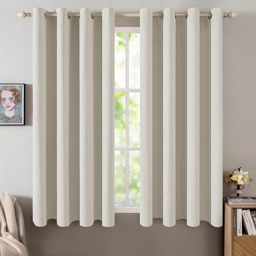 Image of MIULEE Linen Texture Curtains for Bedroom Light Cream 100% Blackout Thermal Insulated Linen Curtains Grommet Room Darkening Drapes for Living Room 52x45 Inch (2 Panels)