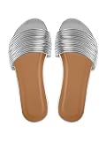 Sksshion Women's Strappy Single Bands Sandals Slip On Flat Open Toe Slides Summer Beach Slippers Silver 8