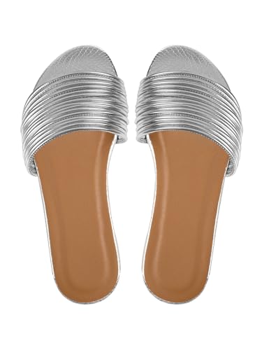 Sksshion Women's Strappy Band Metallic Sandals Slip On Flat Silver 11 | Open Toe Summer Beach Slides,TPR Anti-Slip Sole, Great Choice for Party, Date, or Wedding, Leather Material