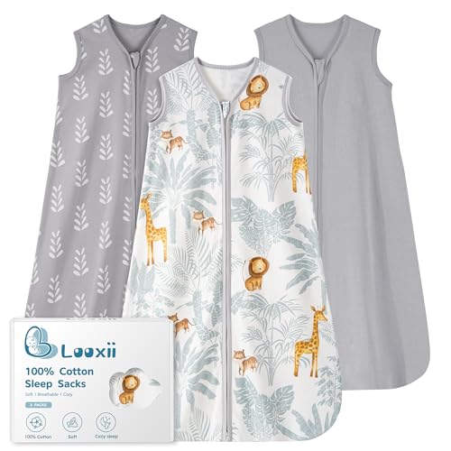 Image of Looxii Baby Sleep Sack 0.5 TOG, 100% Cotton 3 Pack Wearable Blanket Baby Sleep Bag for Newborn Infant, 2-Way Zipper Lightweight Toddler Sleeping Sack 0-6 Months