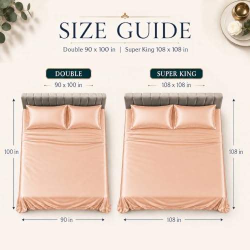 Image of Cloth Fusion Flat Satin Bedsheet Super King Size 108x108 inch | Peach, 2 Pillow Covers, 300 TC, Glossy Finish, Smooth on Hair and Skin, Gift for Couples, Wedding & Anniversary