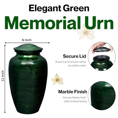 Image of ALPHA Living HOME Handcrafted Metal Cremation Urns for Ashes - Adult Funeral Urn for Human Ashes Suitable for Cemetery Burial or Niche - Large Size fits Remains of Adults up to 200 lbs 11 inch (Green)