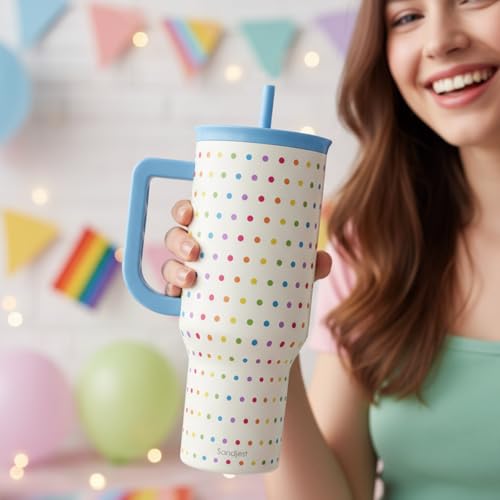 Image of SANDJEST LGBT 40oz Tumbler with Handle and Straw, Insulated Stainless Steel Travel Coffee Mug for Gay Lesbian Adults Friends, Gift Idea for Birthday Christmas Pride Month (Polka Dot)