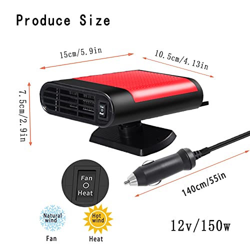 Portable Car Heater 12V 150W 360° Rotation Fast Heating Cooling Fan Defogger & Defroster Plug-in Cigarette Lighter Small Air Heater - Black
