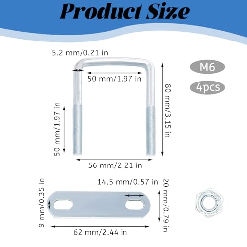 Vordpe 4 Stück U-Schrauben, M6 50X80 Mm U Bügel Mit Gewinde, Rahmenplatte, Quadratisch U Bolzen Für Zaunbefestigung, Rohr Befestigung, Auto Abschleppen