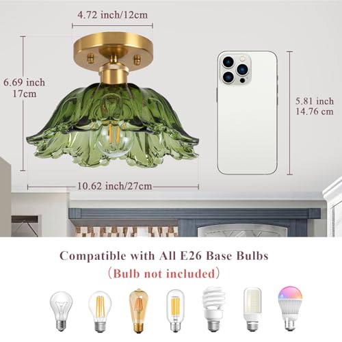 Image of Semi Flush Mount Ceiling Light, Vintage Ceiling Light 11 inch, Green Shade Glass Light Fixture for Kitchen Bedroom Dining Room,Bulb not Included