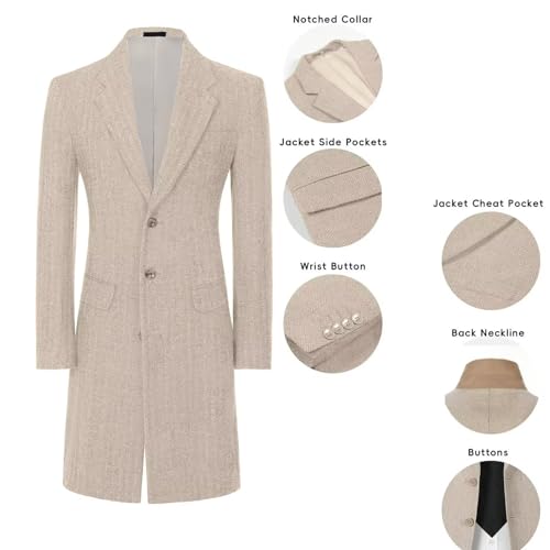 Retro 3 Piece Mens Trench Coats Wools Herringbone Tweed Winter Long Blazer Vest Pants Men Lapel Collar Peacoat Set2