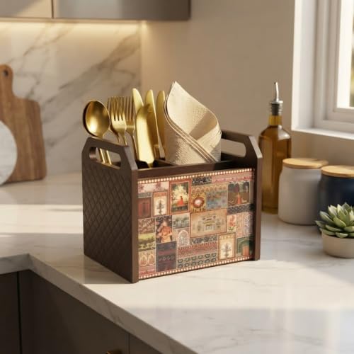 Image of Home Sparkle Tissue Paper Box Holder for Car, Home Decor, Gifting & Office Desk - Rectangular MDF with Elegant Vinyl Print Design - Brown Finish