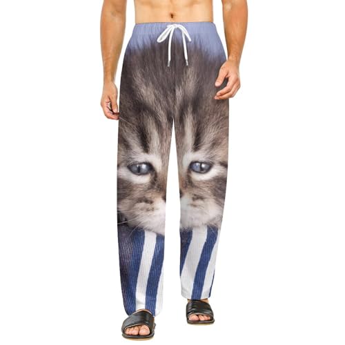 Bas de pyjama femme long chaton endormi, pantalon vêtements de nuit haut de gamme S