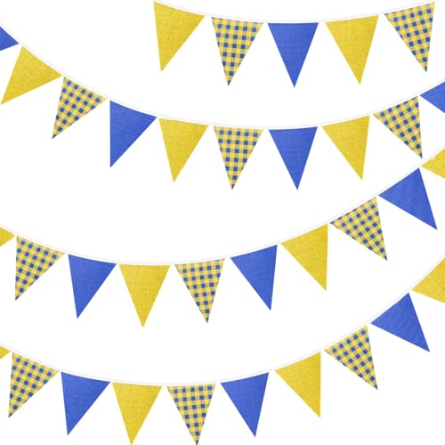 G2PLUS 10m Fanions Damier Jaune et Bleu,Guirlande en Coton et Lin