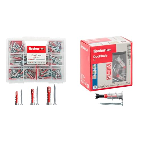 Fischer 544546 Duopower Universal Dowels Kit with Screw, ‎Transparent & 545676 Cavity Fixing, Duoblade S Ld, Self Drilling Plasterboard Plug with Chipboard Screw, Strong Plug