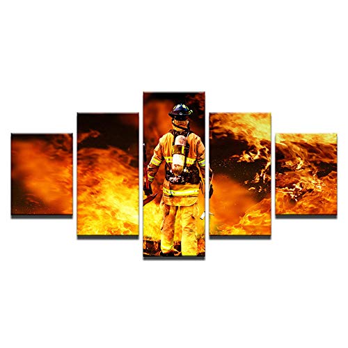 Toile Intissée 5 Pièces Pompiers Tableau Déco Murale Salon Photo HD sans Cadre