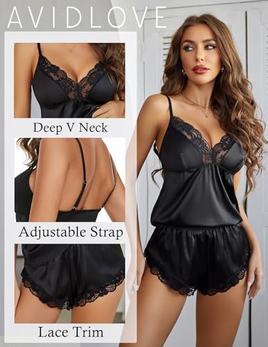 Avidlove Satin Pajamas Set Womens Lace Sleepwear Sexy Lingerie Cami Shorts Set S-XXL2