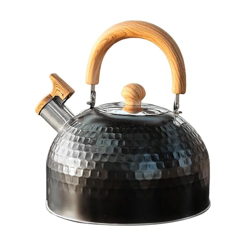 YunJove Hervidor de Silbato Equipado con Audible Y Base Sólida Superficie Martillada Decorativa Resistente a Temperaturas Adecuado para Espacios Pe, 2.5l Negro, Individual