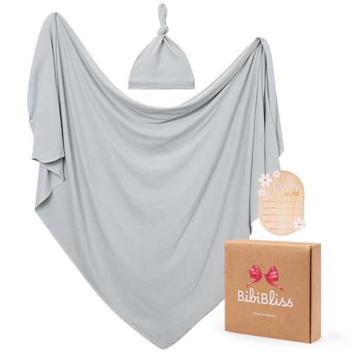 Image of Stretchy Swaddle Blanket for Newborns with Hat & Hello World Card-Soft Baby Swaddles 0-3 Months,47 inchx 47 inchSupersoft Swaddle Blanket,Receiving Blanket for Boys & Girls (Storm)