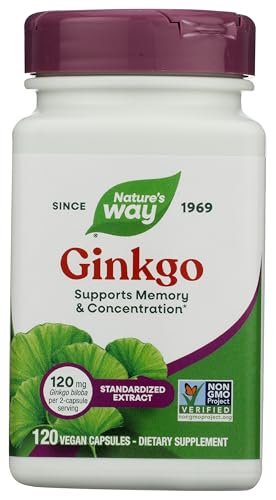 Natures Way Ginkgo Premium Extract Supports Memory & Concentration* 120 mg Ginkgo Biloba Extract per 2-Capsule Serving with Gotu Kola Vegan Gluten Free 120 Capsules (Packaging May Vary)
