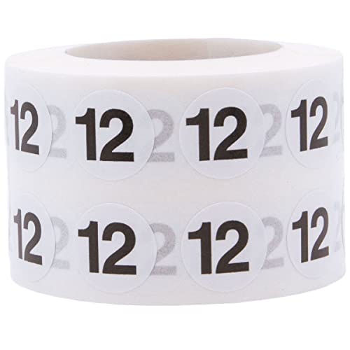1/2" Inch Number 12 Stickers, Semi-Gloss White Round Labels with Black Text, 1000 Labels on a Roll, Perfect for Home Organization and Office Management, Permanent Adhesive