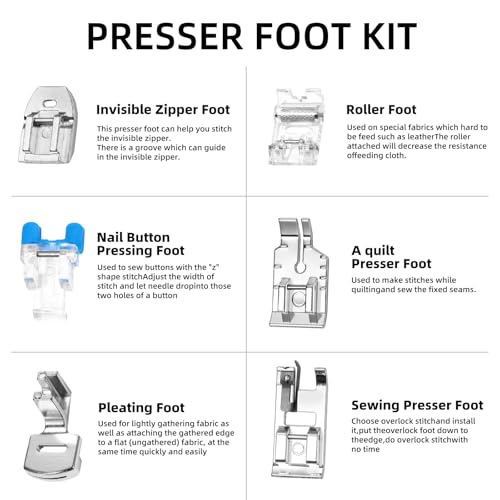 11 Pieces Sewing Machine Presser Foot Set, Presser Feet Fits for Most Low Shank Snap On Singer, Brother, Babylock, Euro-Pro, Janome, Kenmore, White, Elna Sewing Machine Spare Parts Accessories