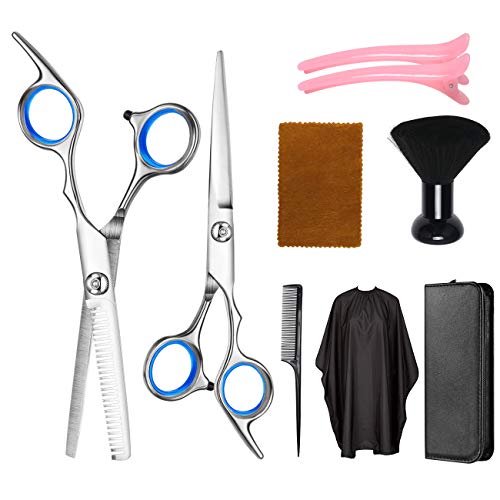 Sankoly Professional Hair Cutting Scissors Set, Hairdressing Scissors Kit, Straight Scissors, Thinning Shears, Hair Comb, Clips, Barber Cape, Neck Duster brush for Barber, Salon, Home