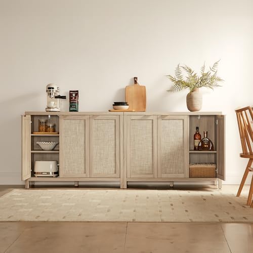 SICOTAS Rattan Buffet Cabinet with Storage 43.5" Sideboard Cabinet with 3 Doors & Adjustable Shelves Wood Sideboard Credenza Storage Cabinets for Entryway Living Room Reclaimed Light Oak