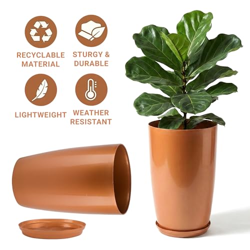 Image of Heart Home 2 Pcs Big Planters /Vase with Saucer for Home Decor | 18 Inch Large Outdoor & Indoor Flower Pot /Drainage Hole /Lightweight /Plant Container | Copper