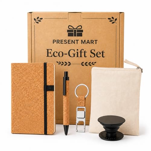 Image of 4 in 1 gift set | Diary Gift Set | Cork Utility Pro Kit with A5 Notebook & 16GB USB Pen Drive | Cork Pen | Keychain & Mobile Stand in Canvas Pouch | Premium Corporate Gift Set | Gift Set for Men and Women