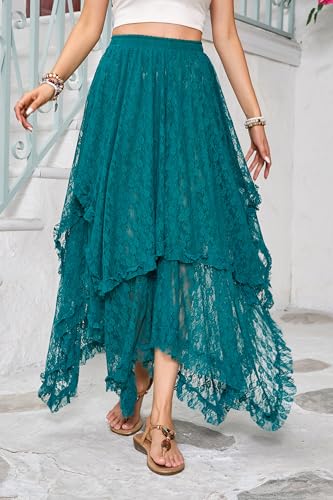 Women's Summer Lace Maxi Skirt 2025 Solid Double Layered High Waist Irregular Ruffle A-line Flowy Beach Long Skirts4
