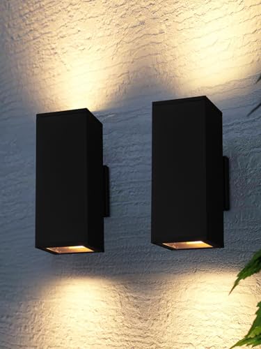 Image of LEONLITE 2-Pack 12 inch Outdoor Rectangular Wall Light, Up and Down, E26 Base | Modern Porch Patio Lights, Waterproof Wall Sconce, Exterior Light Fixture Wall Mount, Aluminum, Matte Black, ETL Listed