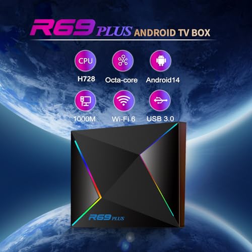Image of Android TV Box 14.0,R69PLUS 4GB RAM 32GB ROM Android 14 Box,CPU Allwinner H728 &GPU Mali G57-MC1 Chipset Android Box,4K /8K Resolution Support 2.4G /5.8G Dual WiFi and Bluetooth 5.0 Smart Tv Box 2025