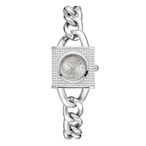Image of Giordano Analog Quartz Watch for Women with Textured Square Dial, Crystal Studded Bezel, Blue Crown, Stainless Steel Strap - GZ-60160