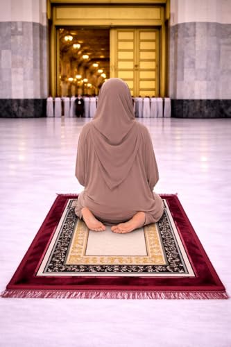 Image of Janamaz Prayer Mat Turkey Soft Velvet | Namaz Mat, Janimaz Namaz Aasan, Islamic Prayer Rug for Salah | 70x110 CM (Printed Red)