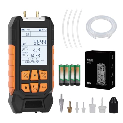 Dual Port HVAC Manometer with Adapters and Backlight