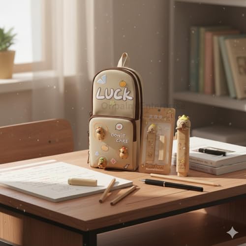 Image of Kawaii Cute Pencil Pouch with Push Pull Eraser & Refill | Canvas Zipper Pen Case for Kids | Capibara Cartoon | Safe Non-Sharp Edges | School Stationery Gift (Ages 5+)