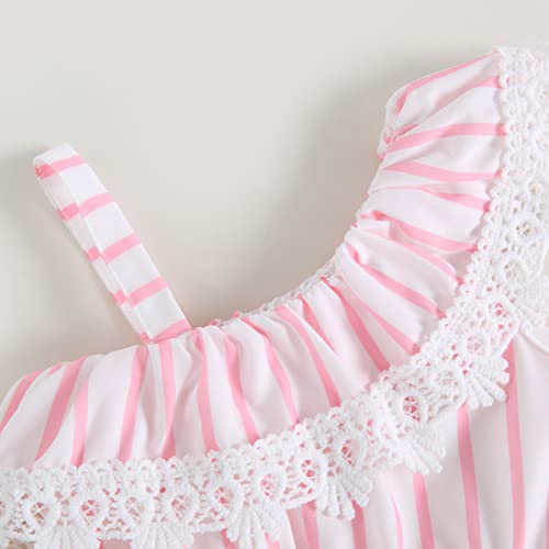 Toddler Baby Girl One Shoulder Romper Outfit Summer Sleeveless Striped Lace One Piece Bodysuit Jumpsuit 1-5T (Pink,12-18 Months) #TOP4