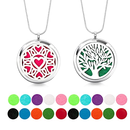 2Pcs Essential Oil Diffuser Necklace, Aromatherapy Necklace Jewelry Stainless Steel Perfume Diffuser Pendant Locket With Adjustable Chain And 20 Refill Pads (Tree+Heart) #TOP7
