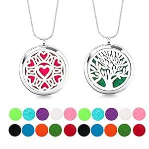 2PCS Essential Oil Diffuser Necklace, Aromatherapy Necklace Jewelry Stainless Steel Perfume Diffuser Pendant Locket with Adjustable Chain and 20 Refill Pads (Tree+Heart)