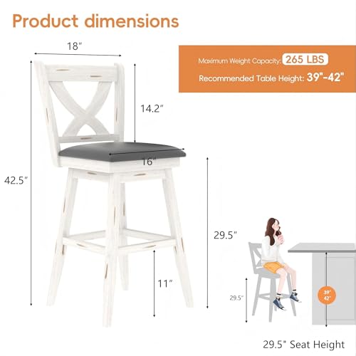 Image of MU Swivel Barstools Set of 6, 29 Inch Bar Height Kitchen Island Chairs with Back, Upholstered Seat Bar Stool with Solid Wood Legs & Footrest, Counter Stools for Pub, Bar, Restaurant (Antique White)