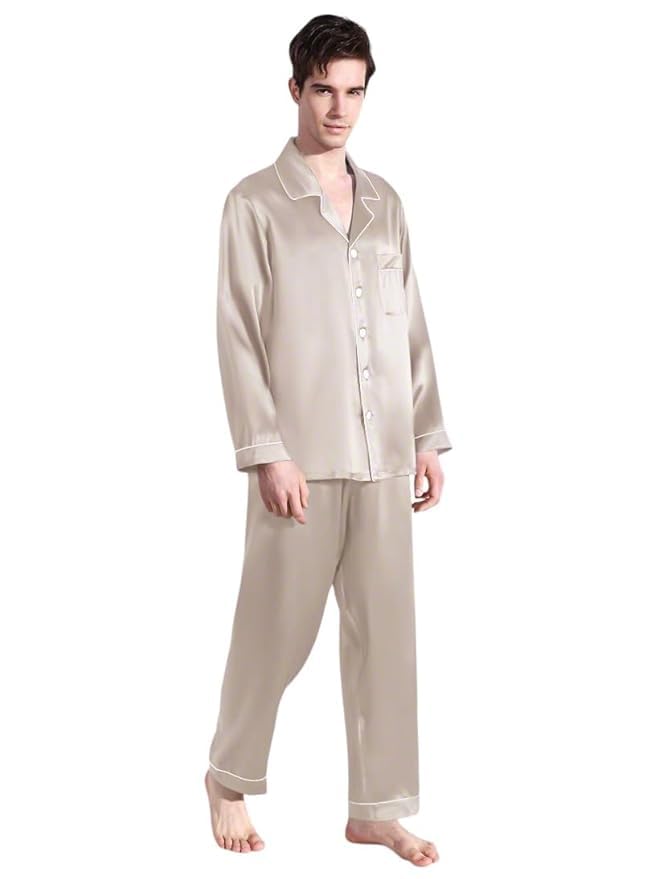 Bella Babe by SK Men Satin Beige Night Suit Full Sleeve with Contrast Piping-image-45