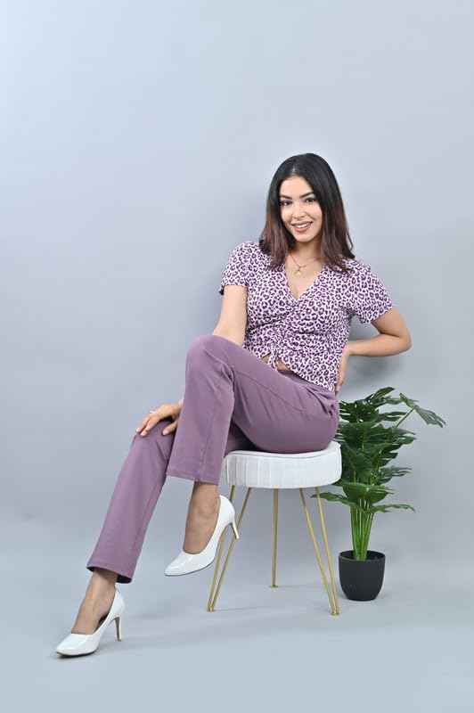 Image of Mlada Straight Fit Cigarette Pencil Pants Elastic Waist Band Mid High Waist Formal Office Trousers for Women, Pockets for Travel Stretch Cotton Knit Full Length Regular /Plus Size