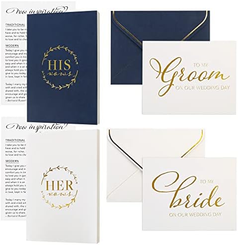 LotFancy Vow Books for Wedding, Set of 8, His and Hers with 24 Lined Pages, 2 Wedding Day Vow Cards, 2 Envelopes, 2 Vow Inspiration Cards, Bride and Groom Gifts, Wedding Keepsake