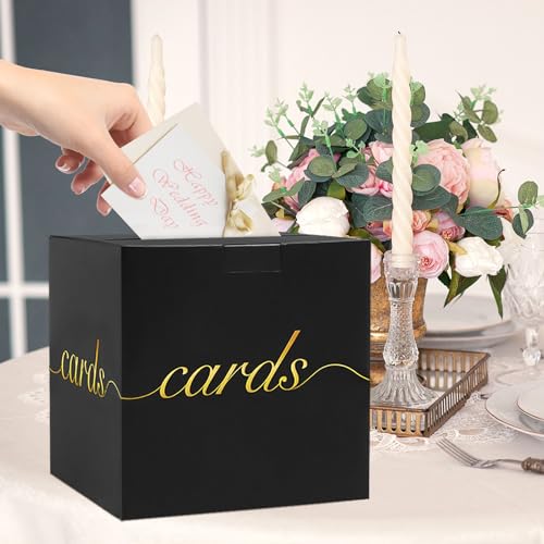 Image of Black Card Box Gold Foil Wedding Favors Gift Card Boxes Post Box Receiving Money Box Holder for Wedding Reception, Baby Showers, Anniversary, Birthday Party, Retirement, Graduation Envelope Holder