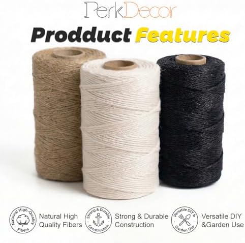 PerkDecor Twine String Natural Jute Twine & Cotton Twine Bundle - Bulk Packing Twine for Crafts, Gift Wrapping String, Gardening Twine, Home Decor (3 Rolls, 984ft, 2mm) - 3